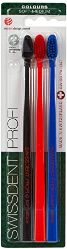 Swissdent Profi Colours - Spazzolino da denti Trio (Confezione da 3) morbido, colore: Nero/Rosso/Blu