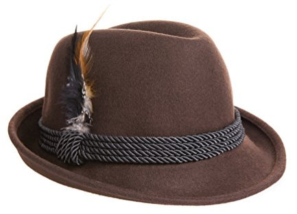 Alpine Holiday Oktoberfest Wool Bavarian Fedora Hat - Brown Color - Size Large (L)