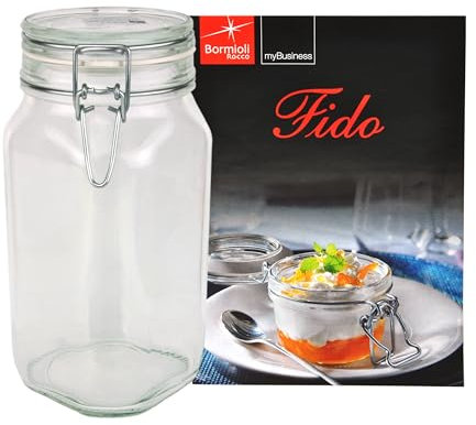 Fido - Barattolo in vetro con chiusura a leva, 1,5 l, incl. ricettario Bormioli.