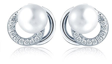 JO WISDOM Damen Perlen Ohrstecker Perlenohrringe Stecker silber 925 mit 7mm Süßwasserperle 3A Zirkonia April Geburtsstein,Schmuck für Frauen