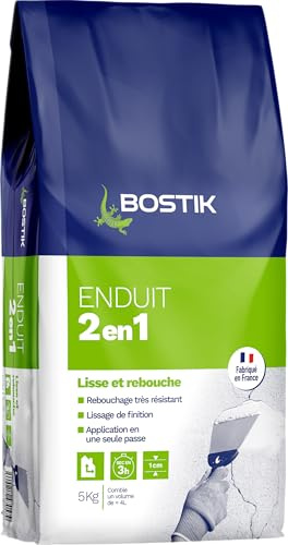 Bostik Enduit de Lissage et Rebouchage 2 en 1 - Sac de 5 kg | Rebouchage Très Résistant jusqu'à 1cm - Lissage de Finition - En Poudre - Blanc