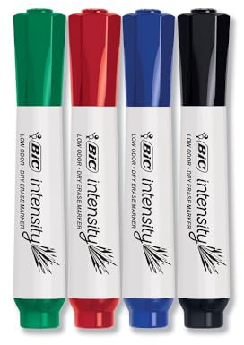 BIC Intensity Low Odor Dry Erase Markers, Assorted Colors, Chisel Tip, 4-Count Pack of Erasable Markers With Low-Odor Ink for a Pleasant Writing Experience