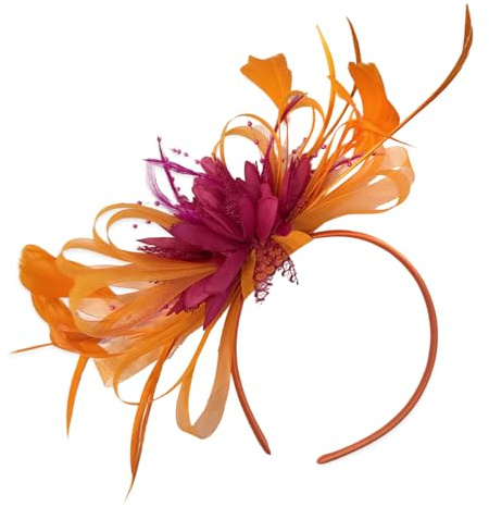 Caprilite Orange and Fuchsia Hot Pink Net Hoop Feather Hair Fascinator Headband Wedding Royal Ascot Races