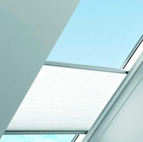 Original VELUX Faltstore DuoLine FHC C04 1045S Für // GGL, GTL, GPL, GHL, GXL, GGU, GTU, GPU, GHU, GXU C04 // in Stofffarbe 1045 / Uni Weiß - Abdunkelung Verdunkelung Wabenplissee // Seitenschienen in Silber _24907
