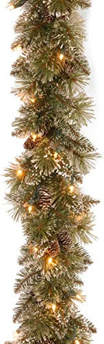 National Tree Company 6 ft Pre-Lit Glittery Bristle Artificial Christmas Garland, Christmas Decoration with Pinecones, 50 Warm White LED Lights, 138 Tips, Timer, Green