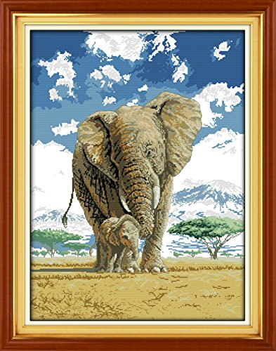 YEESAM ART Neu Kreuzstich Stickpackung - Elefanten Mutter und Sohn tiefe Liebe 14CT 46x60 cm DIY Stickerei Set Weiß Segeltuch - Kreuz Nähen Handarbeit Weihnachten Geschenke Cross Stitch Kit