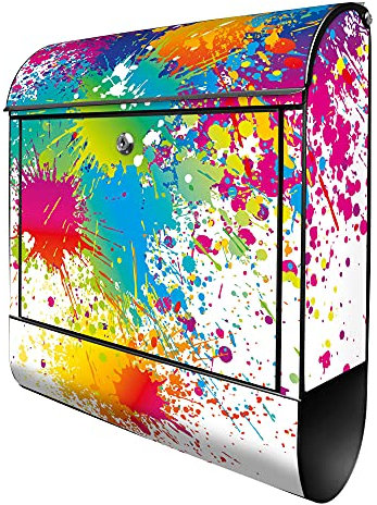 banjado Design Briefkasten mit Farbspritzer 38,5x46,5x13cm & 2 Schlüssel - Briefkasten Stahl schwarz mit Zeitungsfach pulverbeschichtet - Postkasten A4 Einwurf inkl. Montagematerial