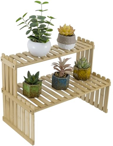 MyGift Natural Bamboo Indoor Plant Stand for Desk, 2 Tier Desktop Shelf Organizer Rack with 2 Slatted Shelves