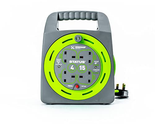 STATUS 4 Socket Cable Reel, 15m, Green, 13 Amp, Thermal Cut Out, Heavy Duty, Outdoor Extension Lead, Ideal for Garden, DIY, Workshop, Power Tools (S15M13ACR4)