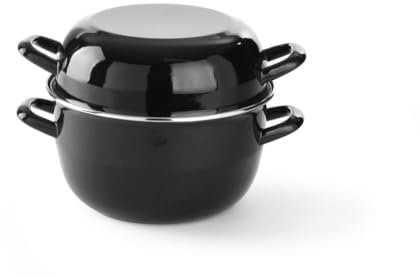 HENDI Cazuela con tapa, olla, para cocinar y servir salsas, sopas y mejillones, sólo apta para cocinas de gas, 4.2L, ø260x(H)210mm, acabado esmaltado negro, reborde de acero inoxidable