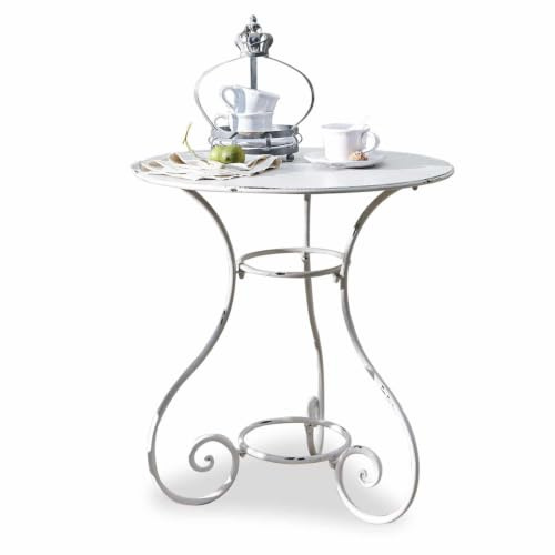 Loberon Tisch Iteuil, Kunstvoll Geschwungenes Gestell, mit Antik-Finish, für Innen & Außen Geeignet, Romantischer Look, Bistrotisch, Gartenmöbel, Eisen, antikweiß