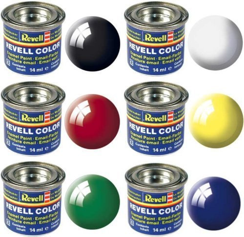Revell Basisfarbpalette Glanzfarben glänzend – 6x 14 ml Revell Email Farbdosen – (32104 - Weiß) (32107 – Schwarz) (32112 – Gelb) (32131 – Rot) (32150 – Blau) (32161 - Grün)