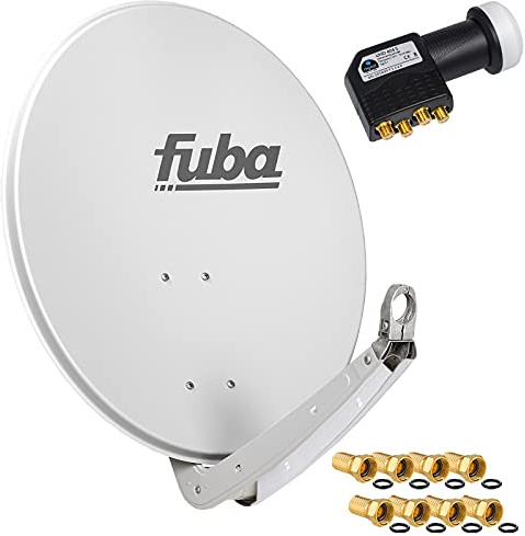 FUBA 4 Teilnehmer Digital SAT Anlage DAA650G hellgrau + Hochwertiger Marken Quad LNB 0,1dB Full HDTV 4K + 8 x Vergoldete F-Stecker