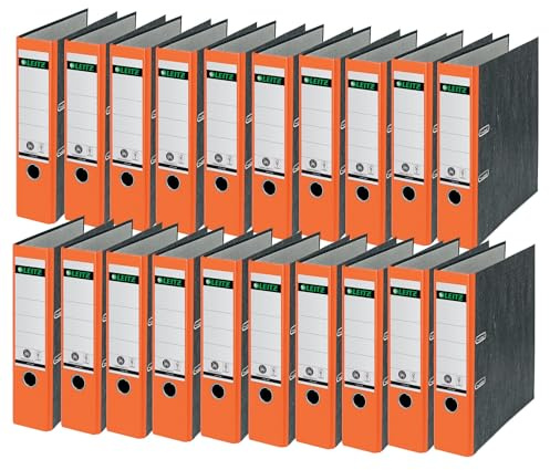 Leitz Qualitäts-Ordner 180°, 20er Pack, A4, 100 Prozent recycelter Karton, 8 cm Rückenbreite, Wolkenmarmor-Papier, Oranger Rücken, 10805045
