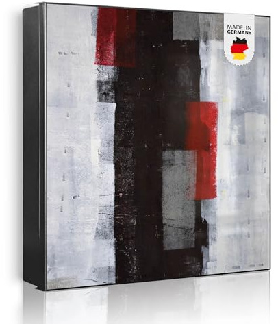 banjado Großer Schlüsselkasten Metall - Schlüsselbox 30x30cm beschreibbarer mit 32 Haken - Schlüsselkasten modern für Schlüsselaufbewahrung - Korpus Schwarz Scharnier Rechts - Motiv Abstrakt Rot