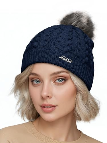 Neverless® Damen Strickmütze mit Fleecefutter Pudelmütze Wintermütze Warm & Gefüttert mit Bommel Model 1975