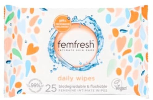 Femfresh Intimate Wipes - Flushable & Biodegradable Disposable Feminine Hygiene Vaginal Cloths w. Calendula & Aloe Vera Extracts - Soothing, pH Balanced, Hypoallergenic, 25 Count (Pack of 1)