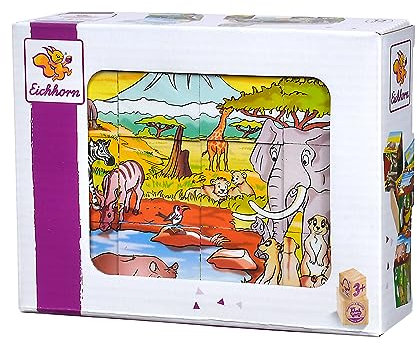Eichhorn 100005480 - Bilderwürfel, 6 Motive mit 12 Bausteinen, 13-TLG. 16x12cm, FSC 100% Zertifiziertes Birkenholz