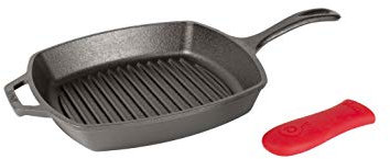 Lodge L8SGP3ASHH41B Cast Iron Square Grill Pan with Red Silicone Hot Handle Holder, Pre-Seasoned, 10.5-inch