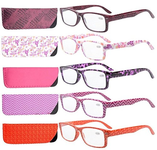 Eyekepper 5-Pack Spring Hinges Patterned Rectangular Reading Glasses Readers Women +1.75