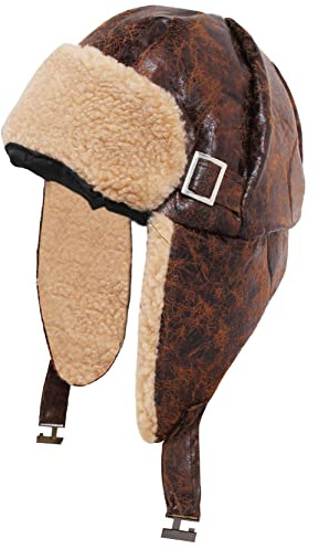 Adults VE Day Brown 1940s Aviator Hat - Pack of 1 - WW2 Pilot Fancy Dress Cap Distressed Leather Look Fancy Dress Accessory (Adult Size)