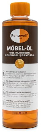 Renuwell Möbel-Öl, 500 ml – Natürliches Pflegeöl für Holz mit Leinöl und Teebaumöl, farblos, Schutz für geölte und unbehandelte Holzoberflächen, Schweizer Qualität
