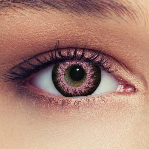 DESIGNLENSES, Rosa farbige Kontaktlinsen mit Stärke, 1 Paar (2St), große Augen Effekt, Monatslinsen geeignet für dunkle Augen + Gratis Behälter High intensive Rosa -0,75