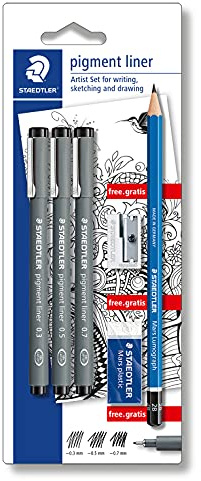 STAEDTLER 308 SBK3P Pigment Liner Fineliner Pen - Assorted Fineliners, HB Pencil, Sharpener & Eraser (Blistercard of 6 Pieces)