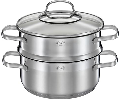 Rösle Elegance Vaporera Ø 20 cm, Acero Inoxidable 18/10, Borde vertedor, Escala Interior, Tapa de Cristal, Apta para inducción, Apta para lavavajillas, 22 x 29 x 23 cm