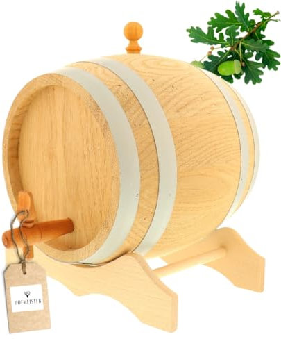 HOFMEISTER® 3 Liter Eichen-Fass, für Wein, Whisky & Schnaps, traditionelle EU Handarbeit, inkl. Anleitung, Hahn, Stopfen & Bock, Wein-Fass, kleines Holz-Fass, 25,5 x 22,5 x 26,5 cm