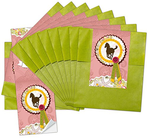 Logbuch-Verlag 10 grüne Papiertüten 9,5 x 14 cm - Geschenktüten grün rosa mit PFERDE Motiv - Gastgeschenk Kindergeburtstag Pferdliebhaber