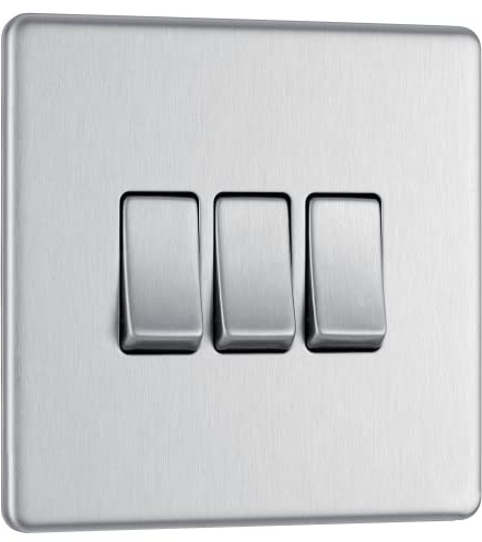 BG Electrical Triple Wall Light Switch, 2 Way, Screwless Front Plate, Slim Profile, Premium Flatplate, Brushed Steel, 20A, 16AX, FBS43