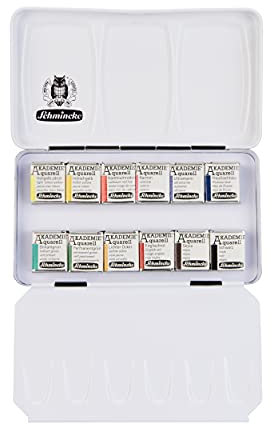 Schmincke – Akademie Aquarell kompakter Farbkasten, Grundsortiment 12 x 1/2 Näpfchen, 75 112 097, Metallkasten, hoch lichtechte Farbtöne, feine Künstler-Aquarellfarben