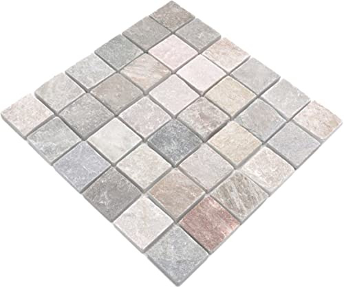 Mosaik Quarzit beige grau Naturstein Küche Mosaikstein Steingröße: 48x48x10 mm Mattengröße 305x305 mm, Küchenrückwand Fliesenspiegel Küche Bad Dusche Duschboden Duschwand Duschtasse - 1 Matte