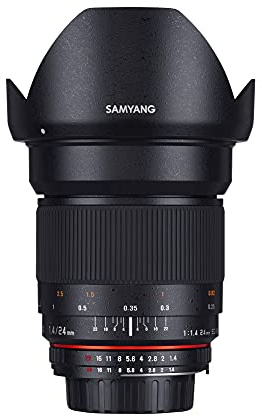 Samyang MF 24mm F1.4 für Nikon F AE - ultralichtstarkes Normalobjektiv, Vollformat & APS-C Sensor geeignet, hochwertige asphärische Glaslinsen, inkl. Tasche, Schutzdeckel & Gegenlichtblende