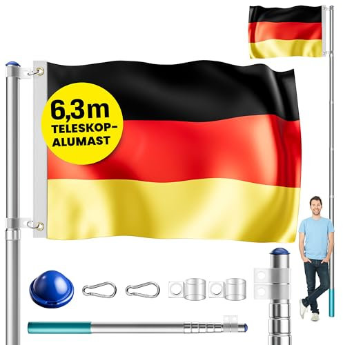 MONZANA® Aluminium Teleskop Fahnenmast 6,30m Bodenhülse 60cm inkl. Deutschland Flagge Deutschlandfahne Fahne Flaggenmast Mast Alu