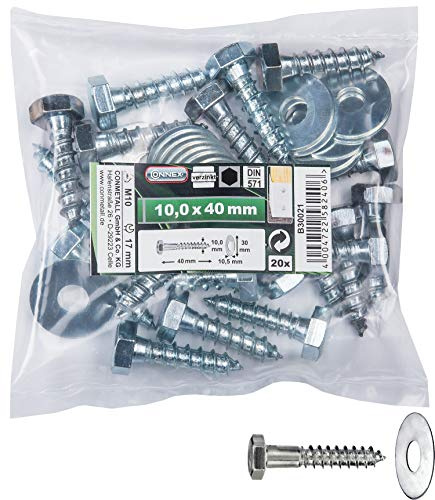 Connex Sechskant-Holzschrauben 10,0 x 40 mm - 20 Stück - Außensechskant-Antrieb - Verzinkt - Für sämtliche Holzverbindungen - Inkl. Unterlegscheiben / Schlüsselschrauben / Schrauben-Set / B30021