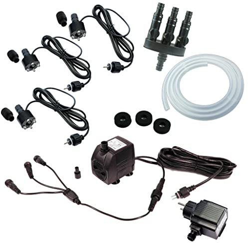 Springbrunnenpumpe mit LED Beleuchtung – Komplett-Set inkl. 3x Quellstein-LED, 3-Wege-Verteiler, ½ Schlauch, 12V Netzteil & 5m Kabel – Ideal für Wasserspiele & Gartenbrunnen (800 L/H, Warm-Weiß)