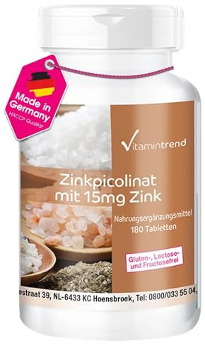 Vitamintrend Zink hochdosiert 15mg aus Zinkpicolinat, 180 Tabletten, veganes Nahrungsergänzungsmittel ohne Zusätze, in Deutschland hergestellt