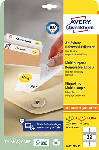AVERY Zweckform L6031REV-25 Universal Etiketten (800 plus 160 Klebeetiketten extra, 96x16,9mm auf A4, wieder rückstandsfrei ablösbar/abziehbar, bedruckbar, selbstklebende Aufkleber) 30 Blatt, weiß