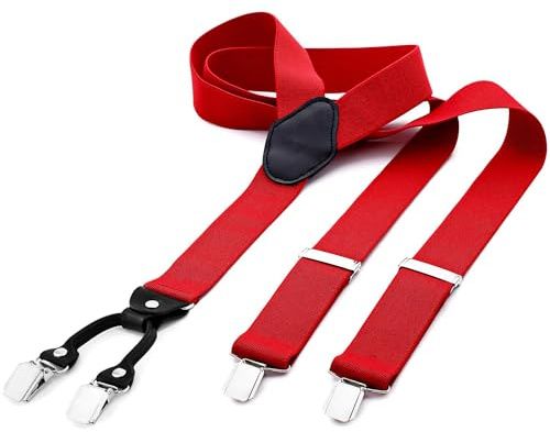 DonDon bretelles homme large 3,5 cm avec 4 clips bretelles homme travail extra fort, élastique et réglable en longueur rouge