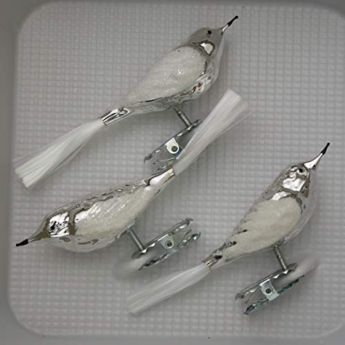 Lauschaer Glas Vögel mit Glasschwanz Silber mit Dekor 3 Stück Christbaumschmuck Weihnachtsschmuck mundgeblasen,handdekoriert Original