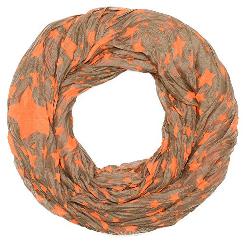 Kandharis leichter halbtransparenter Rundschal Schal mit angesagtem Sternen-Print Sterne Stars SS02-5 Braun/Orange