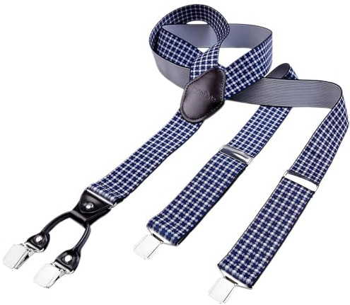 DonDon Tirantes hombre anchos 3,5 cm con 4 clips extra fuertes tirantes para pantalones hombre y parche de cuero marrón azul blanco con dibujos