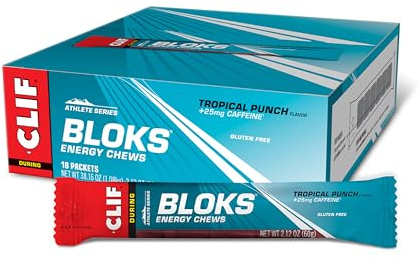 CLIF BLOKS - Tropical Punch Flavor with Caffeine - Energy Chews - Non-GMO - Plant Based - Fast Fuel for Cycling and Running - Quick Carbohydrates and Electrolytes - 2.12 oz. (18 Count)