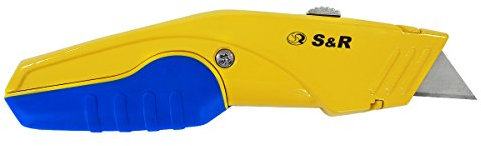 S&R Schnellwechssel Profi Teppichmesser/Cuttermesser 168mm, SK5 Klinge 3-stufig, Wechsel per Knopfdruck, 5 Klingen