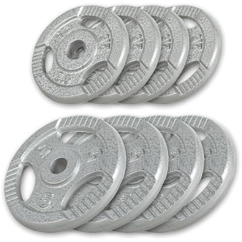 GORILLA SPORTS® Hantelscheiben 0,5–20 kg, 30/31 mm, Tri-Grip, Gusseisen | Einzeln oder als Set in Schwarz/Silber, mit 3 gerillten Griffen und KG-Angabe; Gewichtsscheiben für Kurz- und Langhanteln