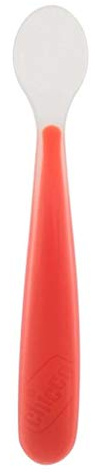 Chicco Cuchara Silicona Bebé, Cucharas Blandas para Bebés y Niños, Suaves y Flexibles con Mango Largo Curvo Ergonómico, Cuchara para Bebé Aprendizaje + 6 Meses, 1 Unidad, Roja