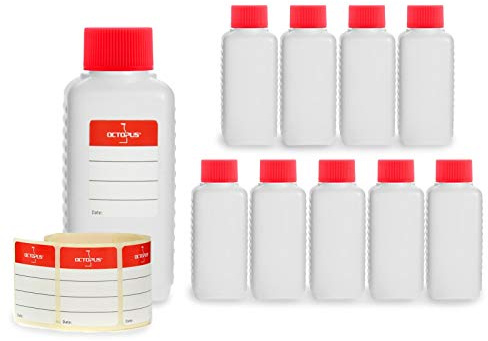Octopus 10 x 100 ml bottiglie plastica di HDPE con tappi di vite rosso
