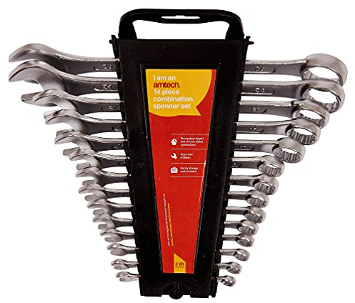 Amtech – Combination Metric Spanner Set, Drop-Forged Chrome Plated Steel with Polished Heads, Automotive & Workshop Ready, Storage Rack Included, 14pc, 6–26mm